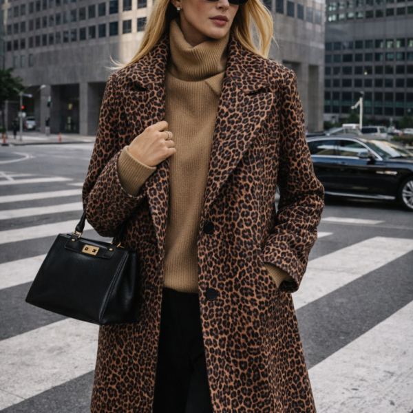 Leopar Desenli Uzun Kaşe Kaban