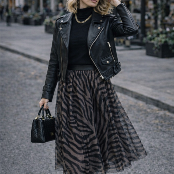 Zebra Desenli Tül Midi Etek