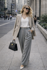 Gri Yüksek Bel Palazzo Kumaş Pantolon - Görsel 4