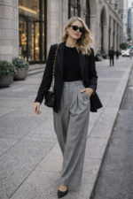 Gri Yüksek Bel Palazzo Kumaş Pantolon - Görsel 3