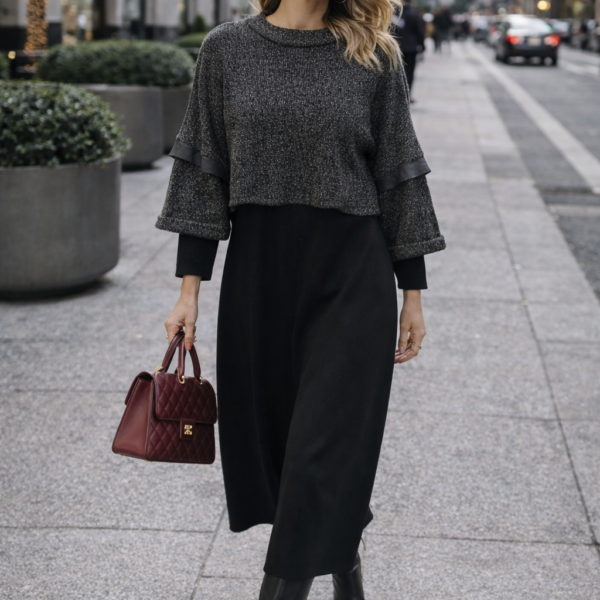 İki Parça Görünümlü Triko Midi Elbise