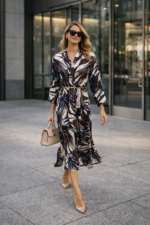 Desenli Kemer Detaylı Midi Elbise