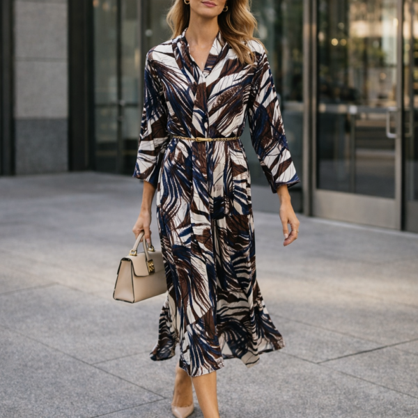 Desenli Kemer Detaylı Midi Elbise