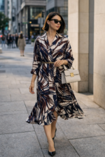 Desenli Kemer Detaylı Midi Elbise - Görsel 4