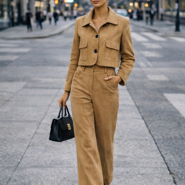 Camel Süet Görünümlü Ceket Pantolon Takım