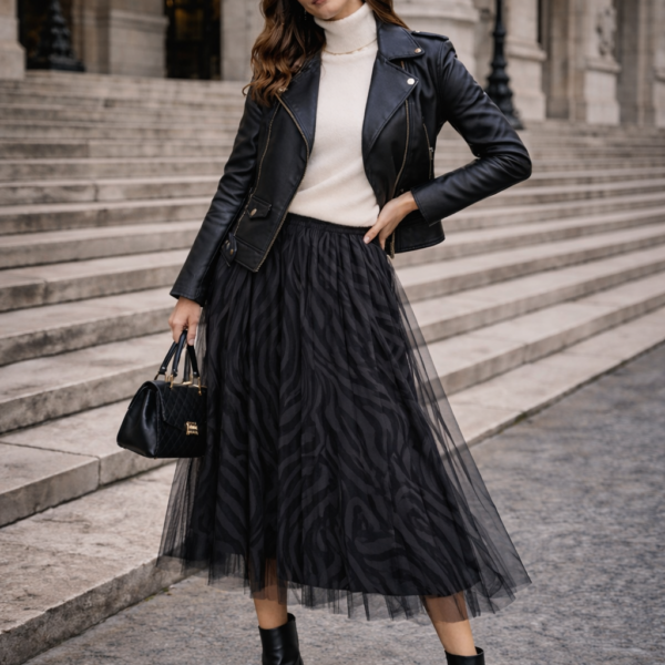 Siyah Desenli Tül Midi Etek