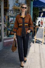 Desenli Kuşaklı Kimono Bluz ve Pantolon