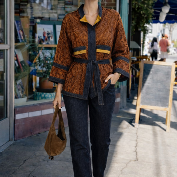 Desenli Kuşaklı Kimono Bluz ve Pantolon