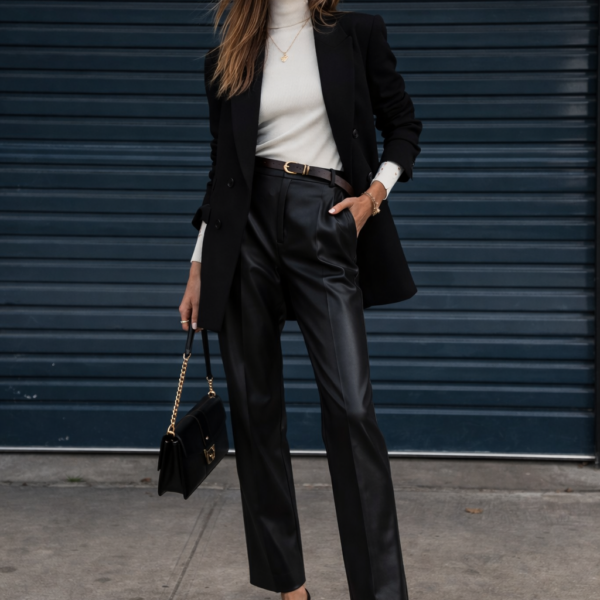 Yüksek Bel Siyah Deri Görünümlü Pantolon