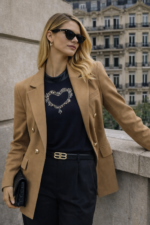 Taş İşlemeli Kalp Detaylı Lacivert Triko Bluz