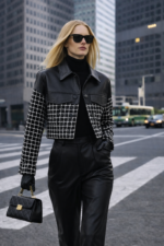 Deri Detaylı Kazayağı Desenli Crop Ceket - Görsel 3