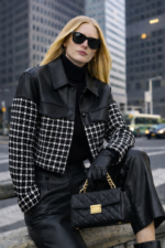 Deri Detaylı Kazayağı Desenli Crop Ceket