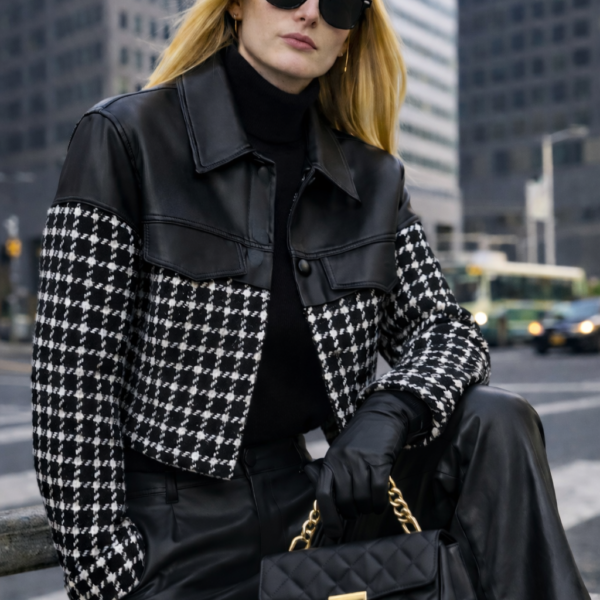 Deri Detaylı Kazayağı Desenli Crop Ceket