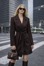 Kahverengi Kuşaklı Blazer Elbise Ceket - Görsel 4