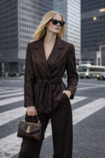 Kahverengi Kuşaklı Blazer Elbise Ceket