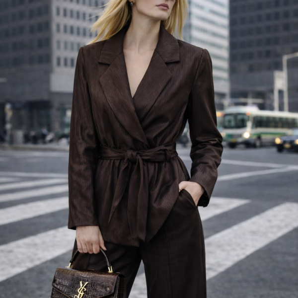 Kahverengi Kuşaklı Blazer Elbise Ceket