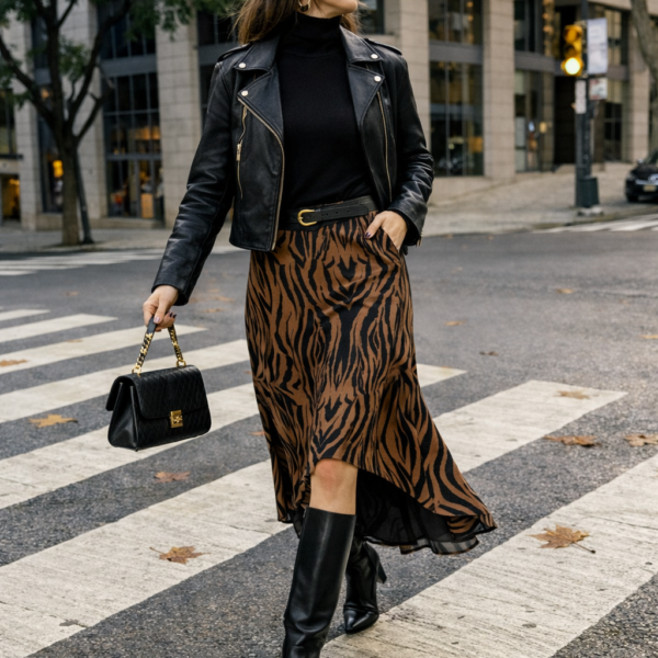 Zebra Desenli Asimetrik Midi Etek