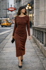 Kiremit Çizgili Drapeli Midi Elbise