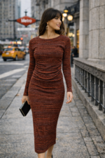 Kiremit Çizgili Drapeli Midi Elbise - Görsel 3