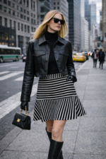 Siyah Beyaz Çizgili Mini Etek - Görsel 2