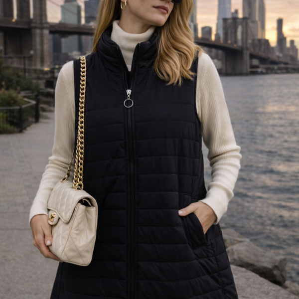 Uzun Kapitone Siyah Şişme Yelek