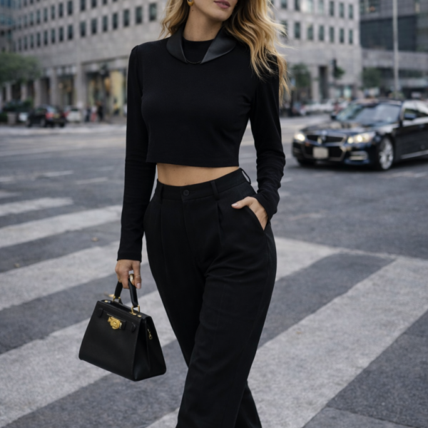 Deri Yaka Detaylı Siyah Crop Triko