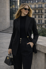 Yüksek Bel Gold Düğme Detaylı Siyah Kumaş Pantolon