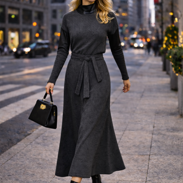 Boğaz Detaylı Kuşaklı Triko Takım (Üst + Uzun Etek)