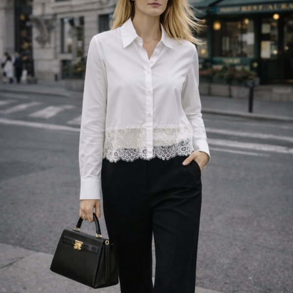 Ekru Dantel Detaylı Gömlek