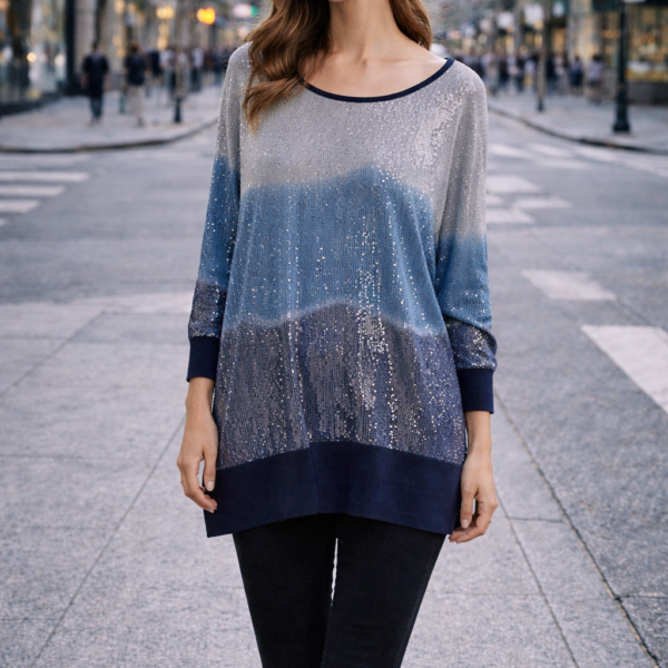 Mavi Geçişli Işıltılı Oversize Tunik