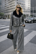 Gümüş Payetli Kürk Yakalı Ceket