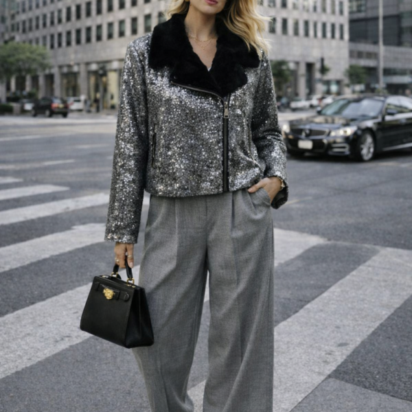 Gümüş Payetli Kürk Yakalı Ceket