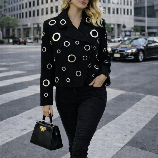 Siyah Halka Detaylı Kruvaze Ceket