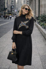 Kuş Nakış Detaylı Siyah Midi Elbise