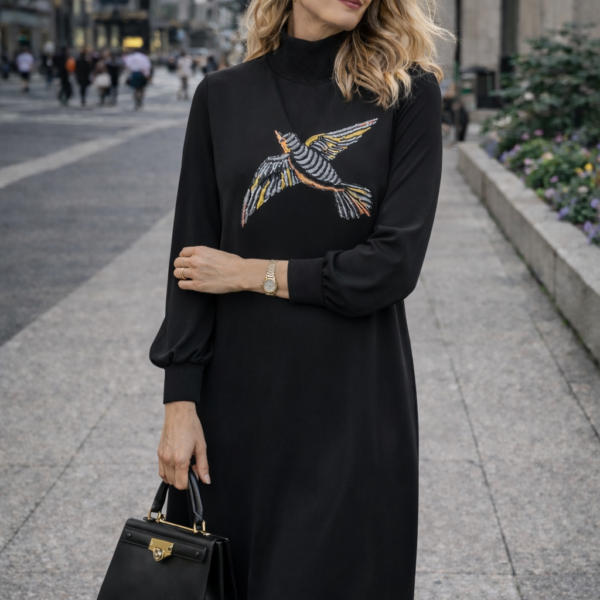 Kuş Nakış Detaylı Siyah Midi Elbise