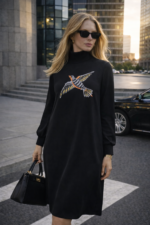 Kuş Nakış Detaylı Siyah Midi Elbise - Görsel 2