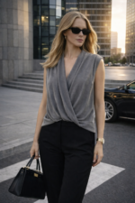 Gri Kruvaze Yaka Kolsuz Bluz