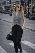 Gri Kruvaze Yaka Kolsuz Bluz - Görsel 2