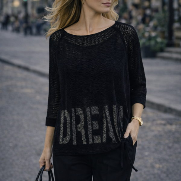 Dream Yazı Detaylı Siyah Triko Bluz