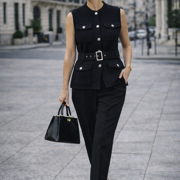 Kemerli Düğme Detaylı Siyah Yelek